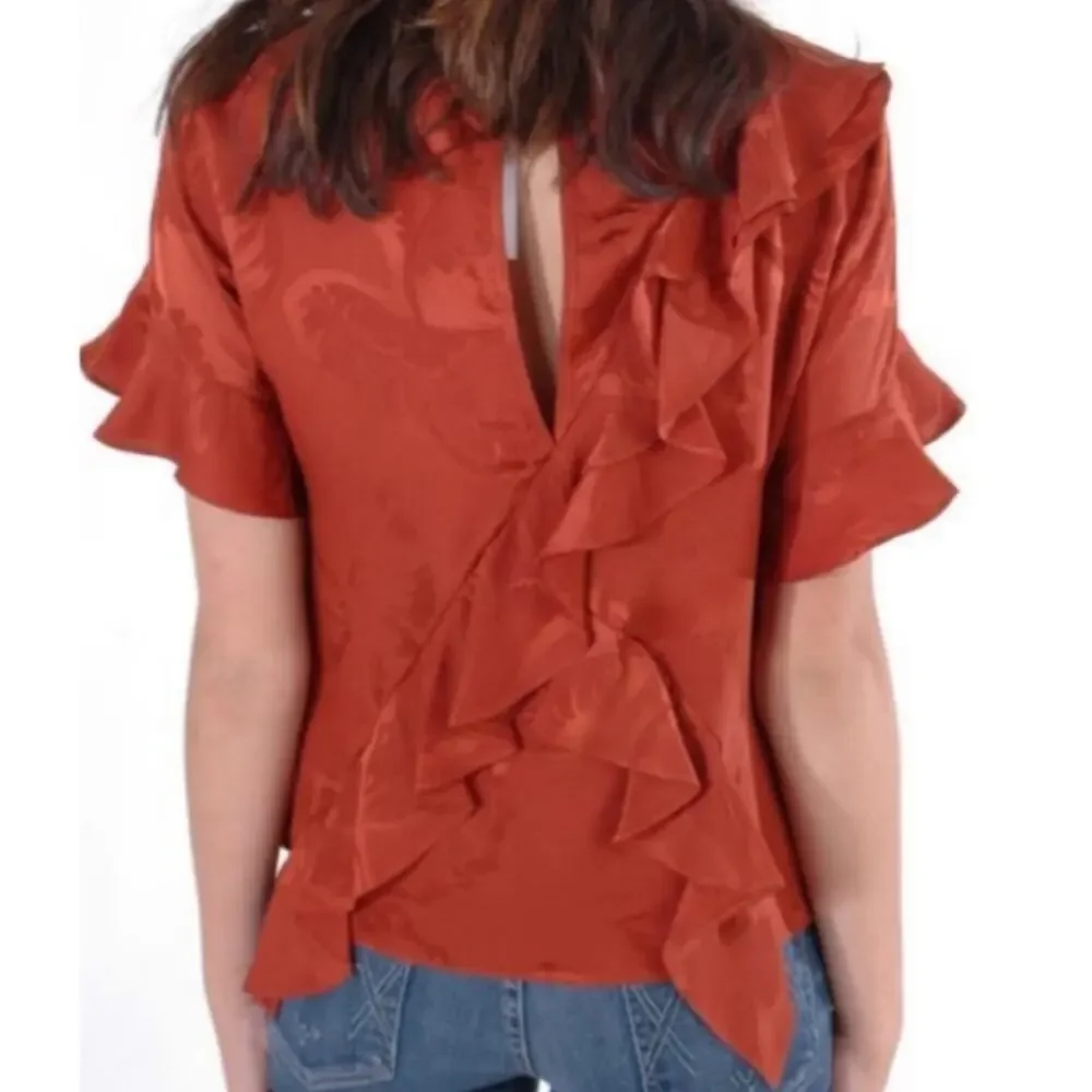 Cinq a Sept 100% Silk Ruffled Embossed Print Top with Button Closure Size Small - Picture 3 of 11